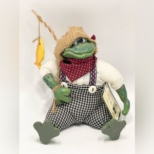Country Folk Art Frog Fisherman Shelf Sitter 6” Decor Toad Resin Fabric Fishing